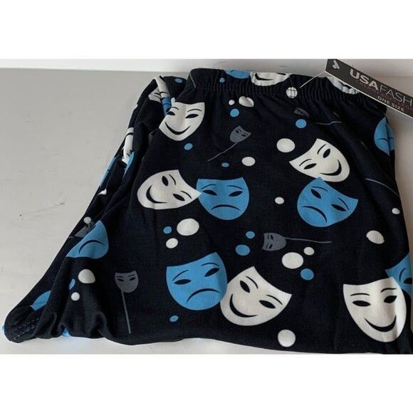 Plus Size All Over Blue and White Comedy‎ Tragedy Mask Legging Print - Picture 2 of 9